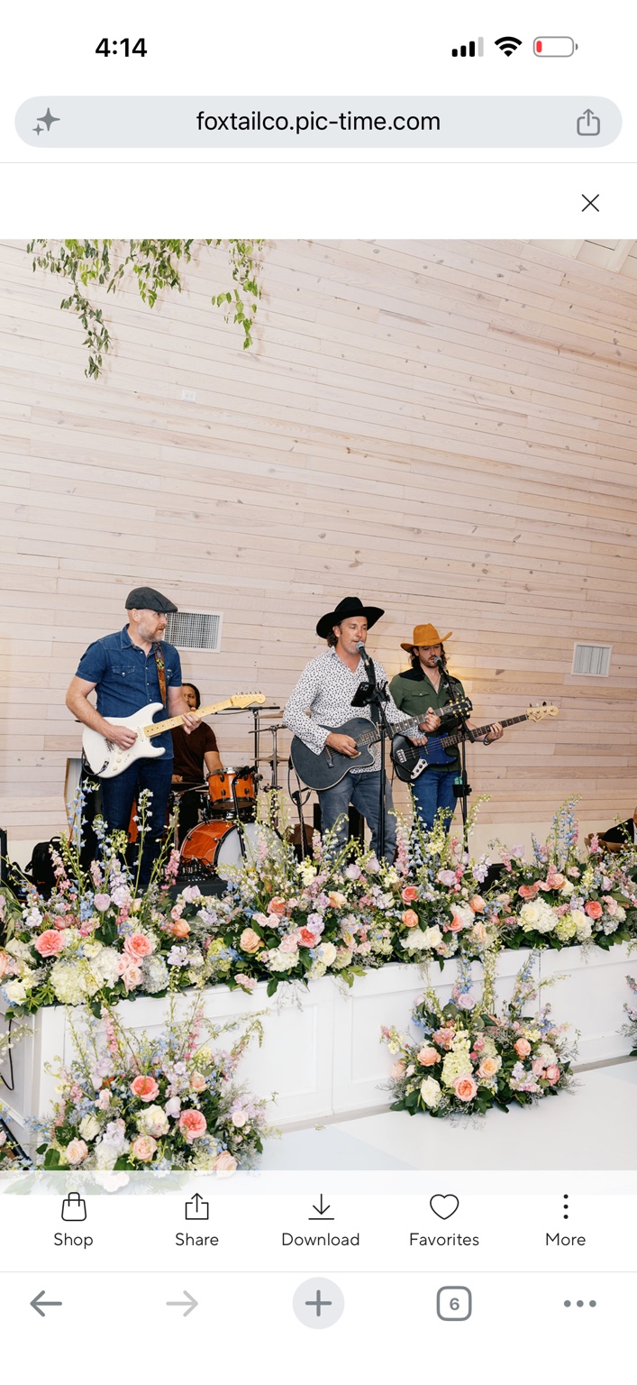 Live band surrounded by wedding flowers
